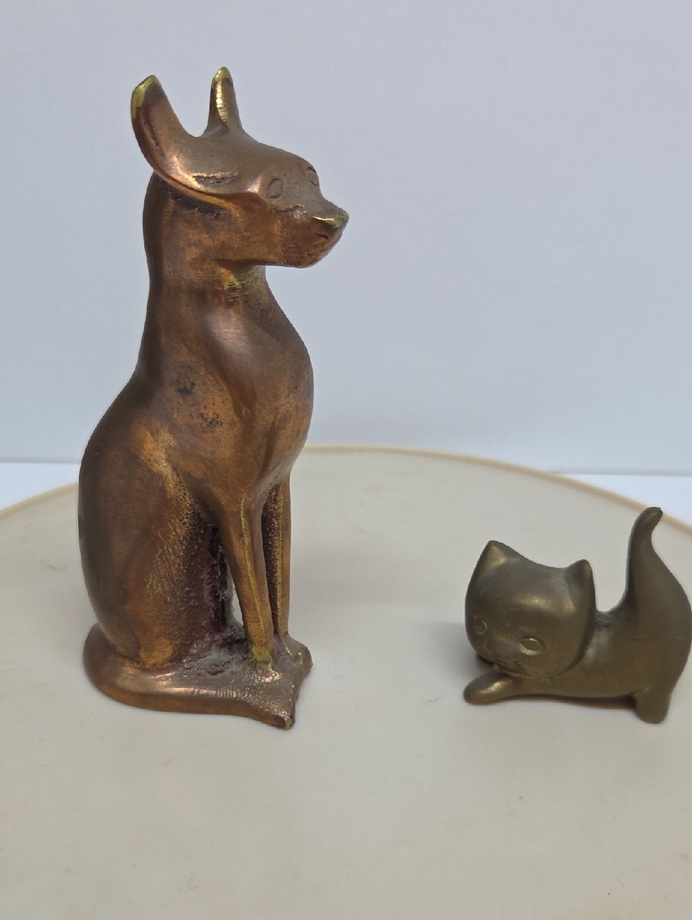 Copper Cat Figurine + Antique Brass Finish Smaller Cat